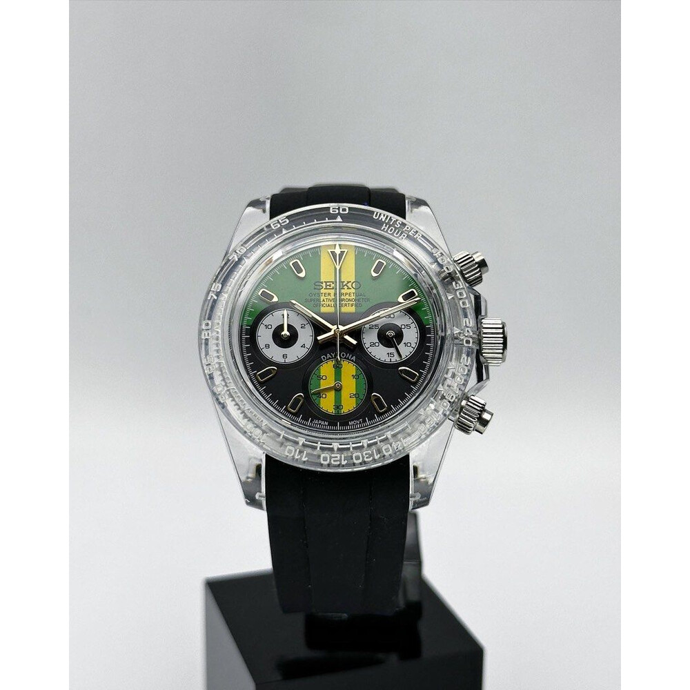 Custom Seiko Mod Clear Plastic Racing Green Daytona Quartz Chronograph 39.5mm E S Watches